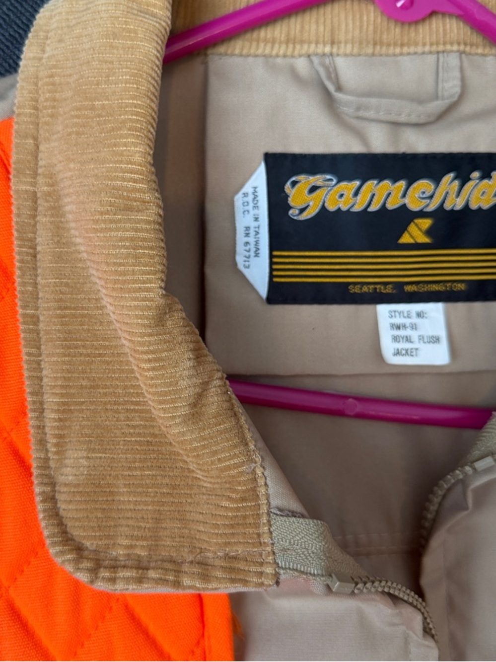Men's Tan Field Jacket with High-Vis Orange Quilted Shoulders - Picture 13 of 16